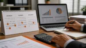 Empresário analisando calendário e documentos para decidir prazos do Simples Nacional 2027