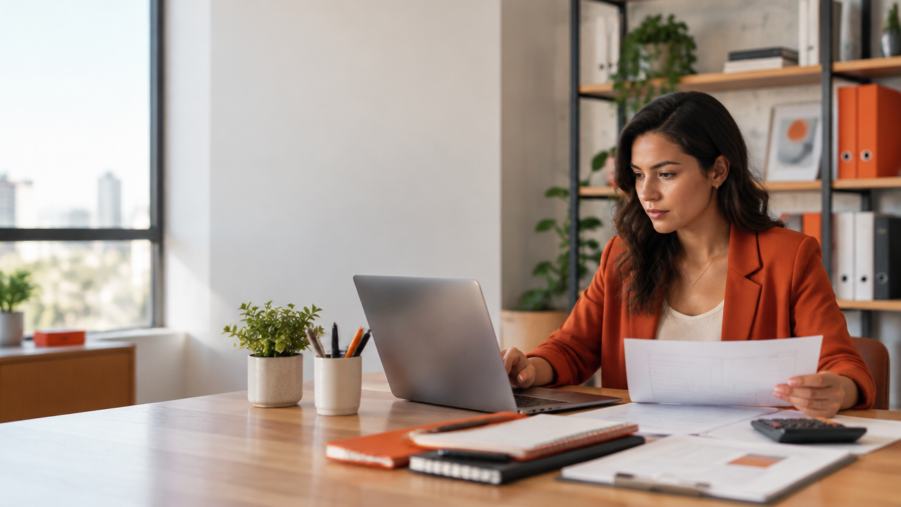 Empreendedora revisa documentos fiscais digitais em um notebook no escritório