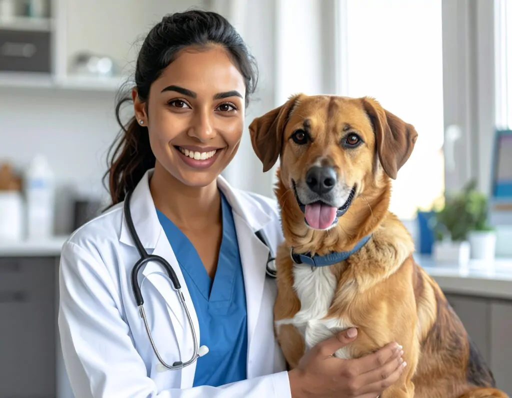 Firefly CRIE UMA IMAGEM DE UM MEDICO VETERINARIO COM UM CACHORRO OLHANDO PARA FRENTE AMBOS S 339612
