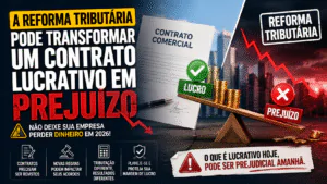 Empresário analisa contrato e nota fiscal com gráficos de impostos ao fundo